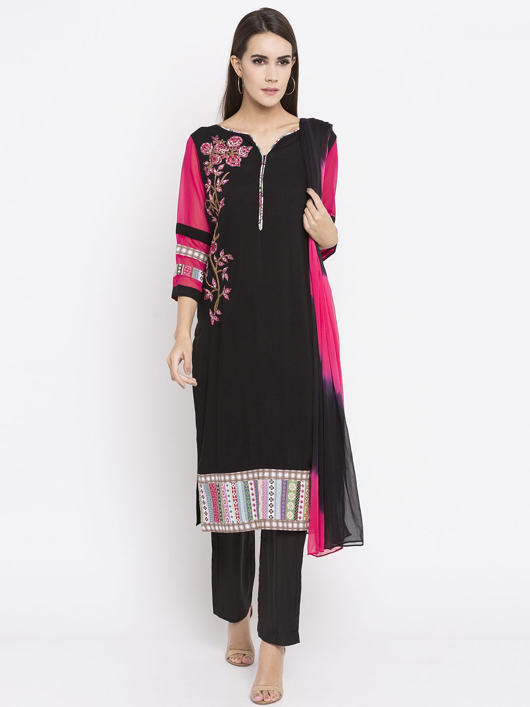 Nikhaar Creations Black Embroidered Cotton straight cut Pant Kurta ...