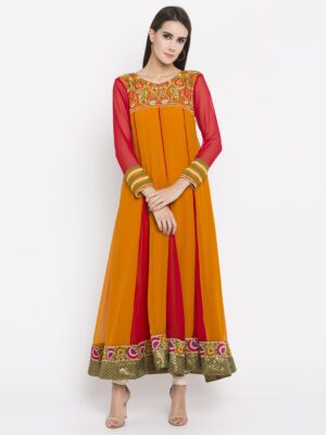 Nikhaar Creations Mustard Red Embroidered Georgette Kalidar Kurta