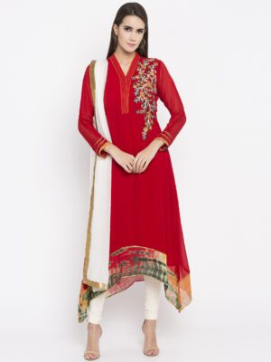 Nikhaar Creations Red Embroidered Georgette Asymmetrical Churidar Kurta Dupatta