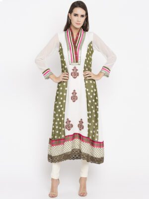 Nikhaar Creations Off White Embroidered Georgette Asymmetrical Kurta