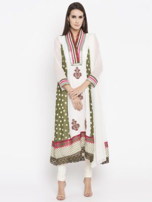Nikhaar Creations Off White Embroidered Georgette Asymmetrical Churidar Kurta Dupatta