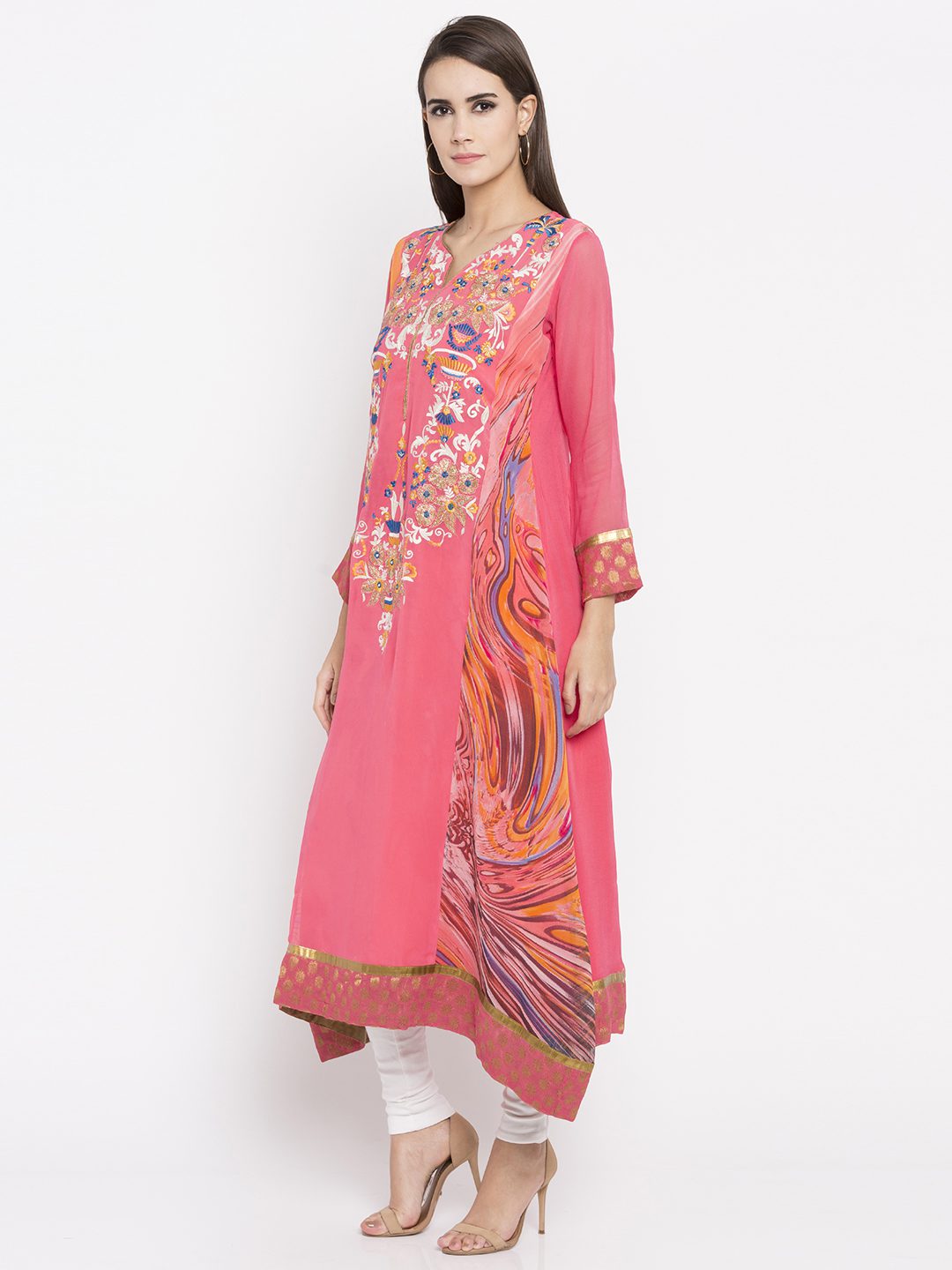 Nikhaar Creations Light Pink Embroidered Georgette Asymmetrical Kurta ...