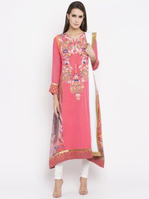 Nikhaar Creations Light Pink Embroidered Georgette Asymmetrical Churidar Kurta Dupatta