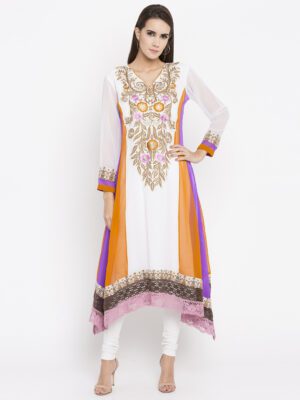 Nikhaar Creations Off White Embroidered Georgette Asymmetrical Kurta