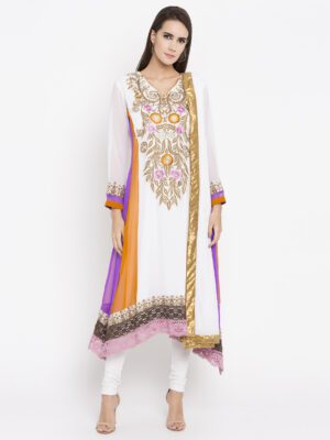 Nikhaar Creations Off White Embroidered Georgette Asymmetrical churidar Kurta Dupatta