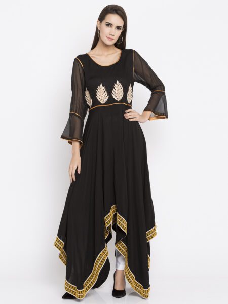 Nikhaar Creations Black Embroidered Cotton  Asymmetrical Kurta Set