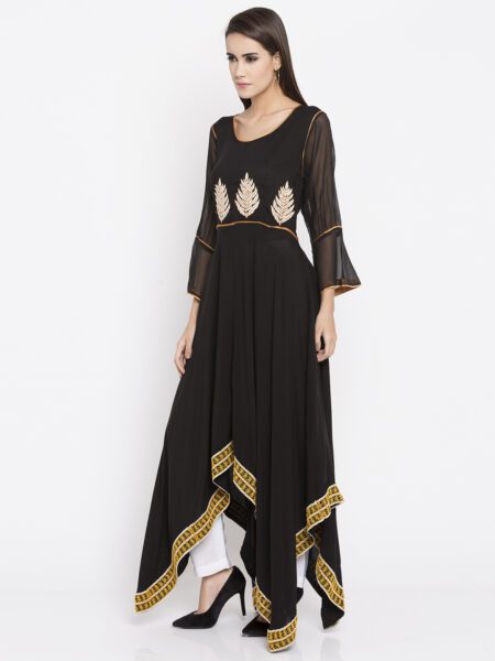 Nikhaar Creations Black Embroidered Cotton  Asymmetrical Kurta Set - Image 2