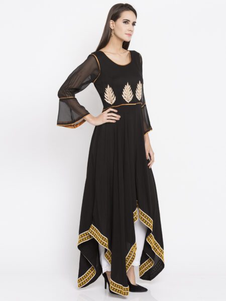 Nikhaar Creations Black Embroidered Cotton  Asymmetrical Kurta Set - Image 3