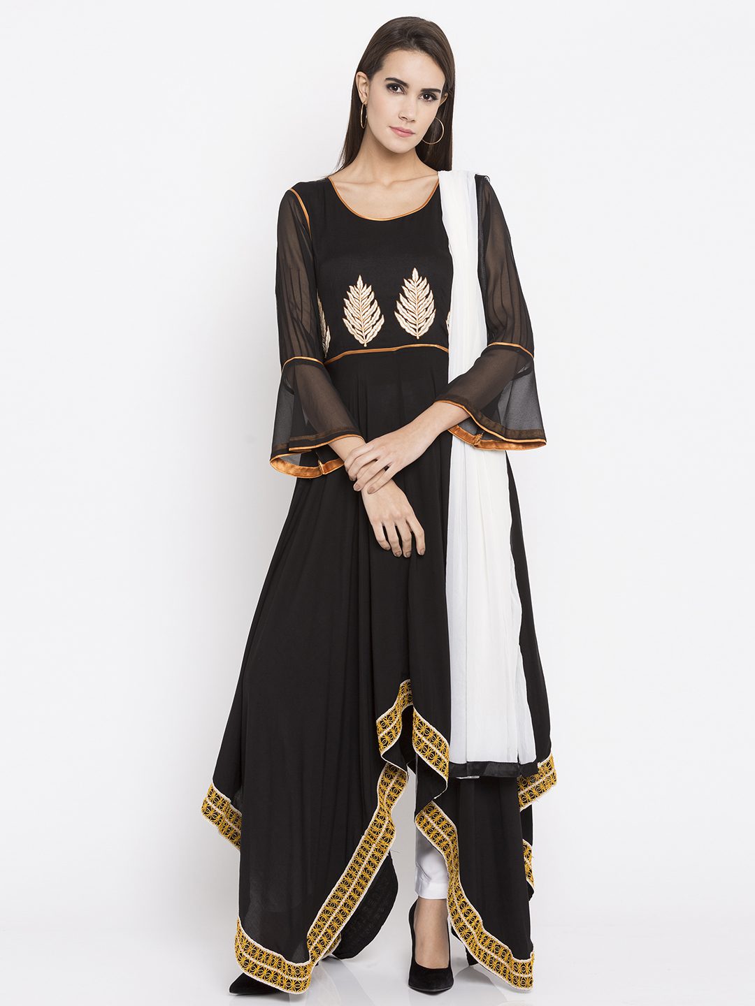 Nikhaar Creations Black Embroidered Cotton Asymmetrical Trouser Kurta ...