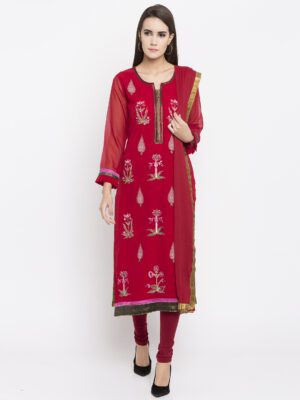 Nikhaar Creations Red Embroidered Georgette straight cut Churidar Kurta Dupatta
