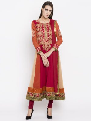 Nikhaar Creations Rust Red Embroidered Georgette Kalidar Churidar Kurta Dupatta