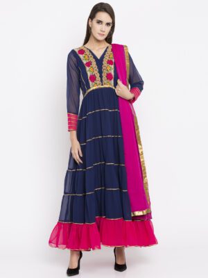 Nikhaar Creations Navy Blue Embroidered Georgette Anarkali Churidar Kurta Dupatta