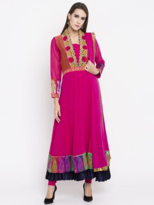 Nikhaar Creations pink Embroidered Georgette Anarkali Churidar Kurta Dupatta