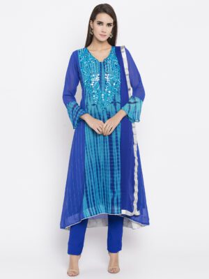 Nikhaar Creations Blue Embroidered Georgette flared Pant Kurta Dupatta