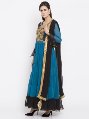 Nikhaar Creations Blue Embroidered Georgette Anarkali churidar Kurta Dupatta