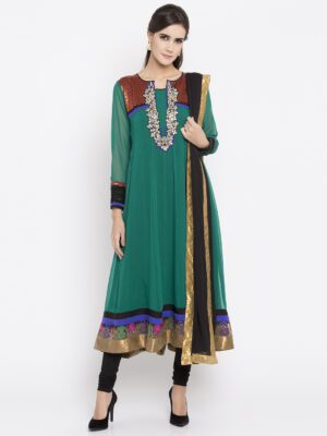 Nikhaar Creations Teal Green Embroidered Georgette Anarkali Churidar Kurta Dupatta