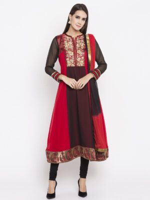 Nikhaar Creations Red Embroidered georgette kalidar Churidar Kurta Dupatta