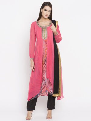 Nikhaar Creations Pink Embroidered georgette Asymmetrical Trouser Kurta Dupatta