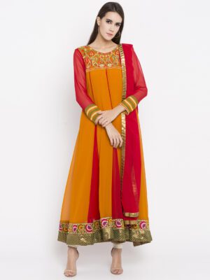 Nikhaar Creations Mustard Red Embroidered Georgette Kalidar Churidar Kurta Dupatta