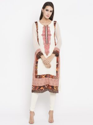Nikhaar Creations Off White Embroidered georgette straight cut Kurta