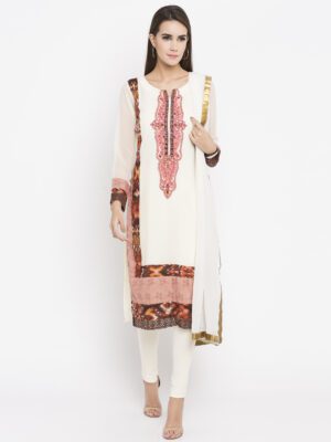Nikhaar Creations Off White Embroidered georgette Straight cut Churidar Kurta Dupatta