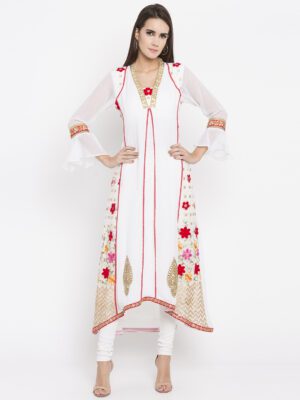 Nikhaar Creations Off White Embroidered georgette kalidar Kurta