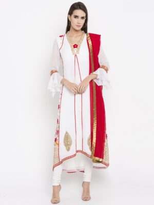 Nikhaar Creations Off White Embroidered georgette kalidar Churidar Kurta Dupatta