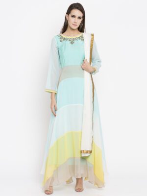 Nikhaar Creations Teal Green Embroidered georgette A Line Churidar Kurta Dupatta