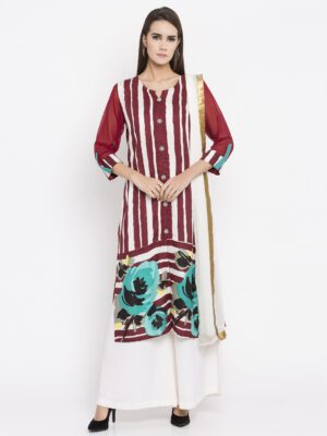 Nikhaar Creations Red printed cotton Straight Palazzo Kurta Dupatta