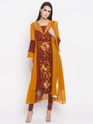 Nikhaar Creations Yellow Embroidered georgette Flared Churidar Kurta Dupatta