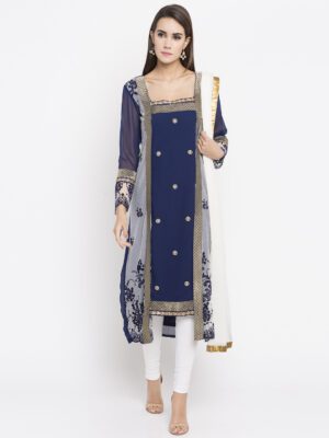 Nikhaar Creations Navy Blue Embroidered georgette Asymmetrical Churidar Kurta Dupatta