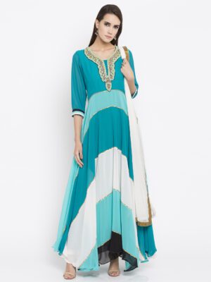 Nikhaar Creations Teal Blue Embroidered Georgette Asymmetrical Churidar Kurta Dupatta