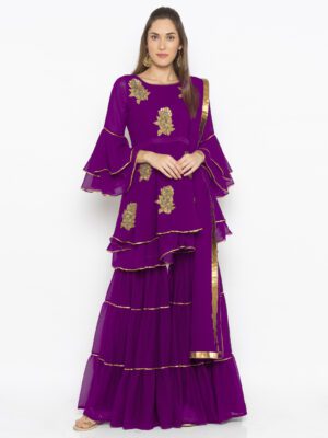 Nikhaar Creations Violet Colour Embroidered Georgette Sharara Kurta Dupatta