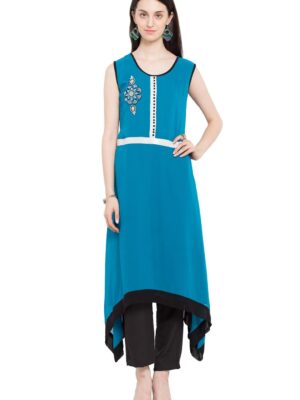 Nikhaar Creations Blue Georgette Embroidered Asymmetrical Kurta