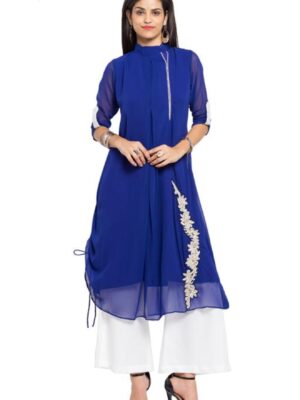 Nikhaar Creations Blue Georgette Embroidered Asymmetrical Kurta