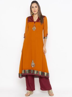 Nikhaar Creations Mustard Georgette Embroidered A Line Kurta