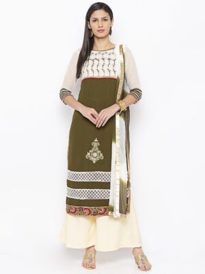 Nikhaar Creations Green Embroidered Georgette Straight Palazzo Kurta Dupatta