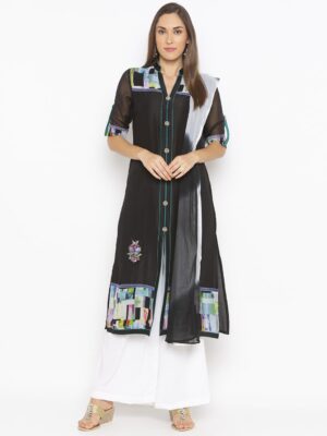 Nikhaar CreationsBlack Embroidered Crepe Straight Palazzo Kurta Dupatta
