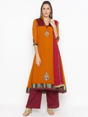 Nikhaar Creations Mustard Embroidered Georgette Anarkali Palazzo Kurta Dupatta