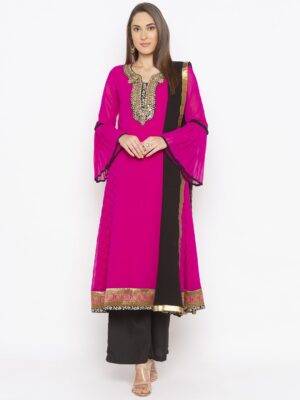Nikhaar Creations Pink Embroidered Georgette A Line Palazzo Kurta Dupatta