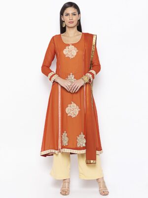 Nikhaar Creations Brown Embroidered Georgette A Line Palazzo Kurta Dupatta
