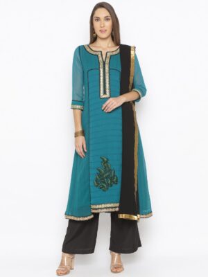 Nikhaar Creations Green Embroidered Georgette asymmetrical Palazzo Kurta Dupatta