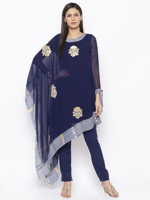 Nikhaar Creations Navy Blue Embroidered Georgette Asymmetrical Kurta