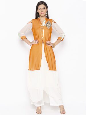 Nikhaar Creations Mustard Embroidered Georgette Asymmetrical Kurta