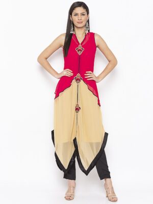 Nikhaar Creations Pink Embroidered Georgette Asymmetrical Kurta