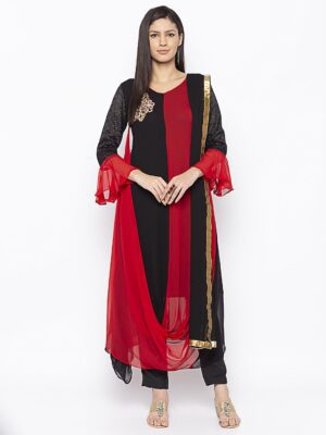 Nikhaar Creations Black Embroidered Georgette Asymmetrical Pants Kurta Dupatta