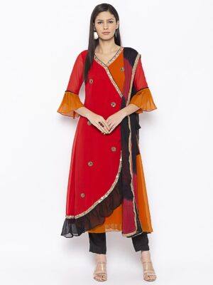 Nikhaar Creations Red Mustard Embroidered Georgette Asymmetrical Pants Kurta Dupatta