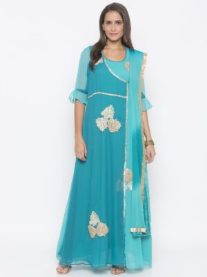 Nikhaar Creations Blue Embroidered Georgette Anarkali Pants Kurta Dupatta