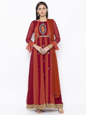 Nikhaar Creations Rust Maroon Embroidered Georgette Anarkali Pants Kurta Dupatta