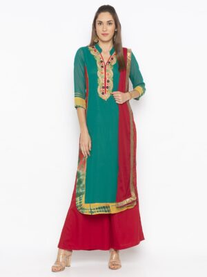 Nikhaar Creations Green Embroidered Georgette Straight Cut Palazzo Kurta Dupatta